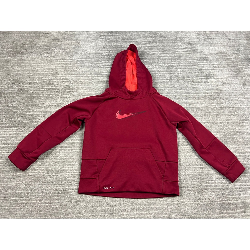 Nike Hoodie Unisex Kids Size 7 L Burgundy Dri-Fit Fleece Pullover Swoosh Logo